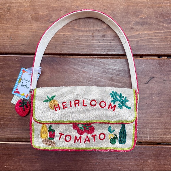 T.J.Maxx Handbags - Heirloom Tomato Beaded Shoulder Bag - Cream with Tomato Bag Charm